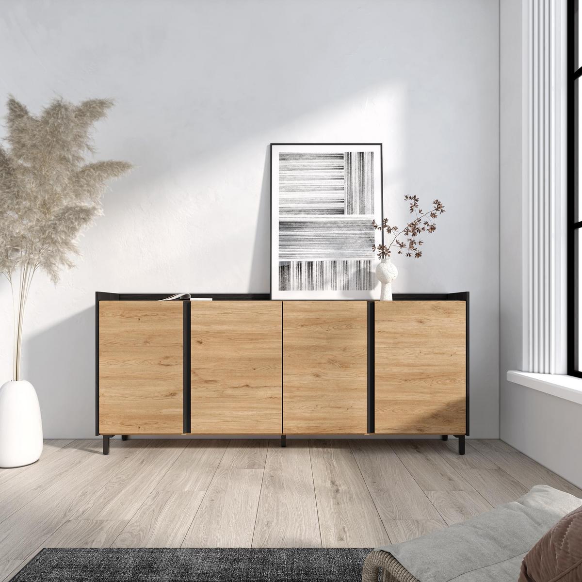 SIDEBOARD, Eiche und Schwarz, 207/35/91cm, mit Beinen - Eichefarben, Holzwerkstoff (207/91/35cm) - Skraut Home