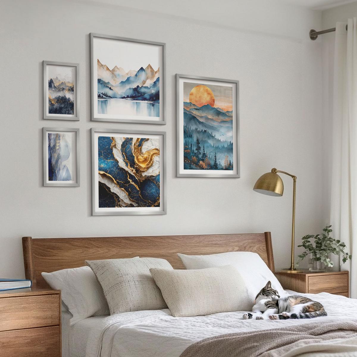 BILDER SET 5er Set - 50x50 cm & 20x30 cm & 40x60 cm Silberner Rahmen - Blaue Berglandschaften - Silberfarben, Kunststoff (40/60cm) - TULUP