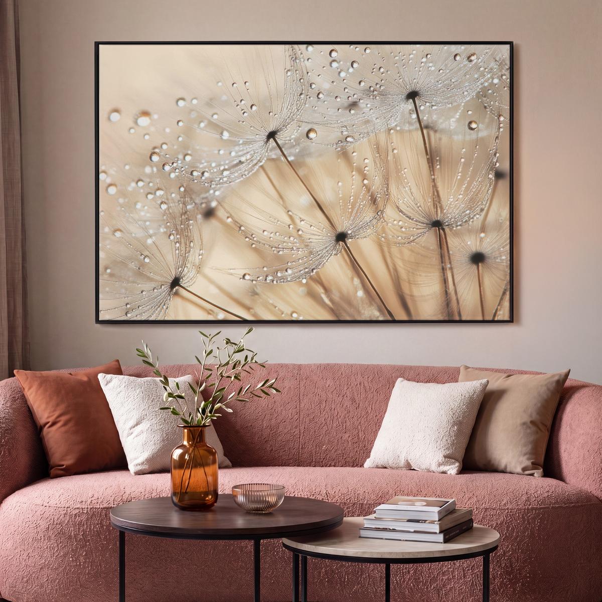 LEINWAND Bilder mit Rahmen - Löwenzahn - Abstrakt - Natur - Beige - 150x100 - Braun, Textil (150/100cm) - MuchoWow