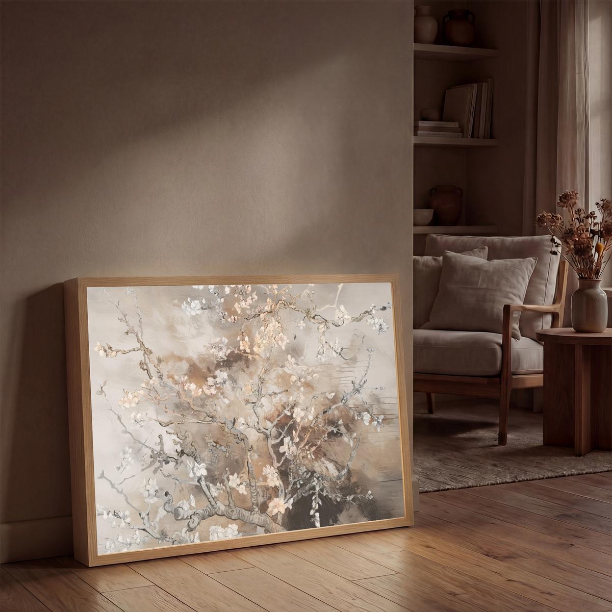WANDLEUCHTE MIT AKKU Mandelblüte - Kunst - Van Gogh - Beige - Abstrakt 100x70 cm - Graubraun, Holzwerkstoff (100/70/8cm) - OnlyWow