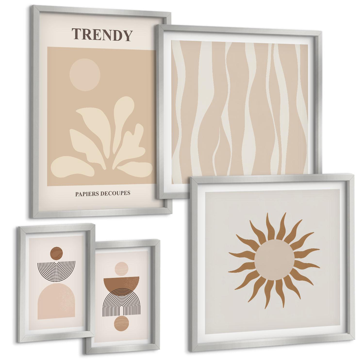 BILDER SET 5er Set - 50x50 cm & 20x30 cm & 40x60 cm Silberner Rahmen - Stilvolle abstrakte Beigetöne - Silberfarben, Kunststoff (40/60cm) - TULUP
