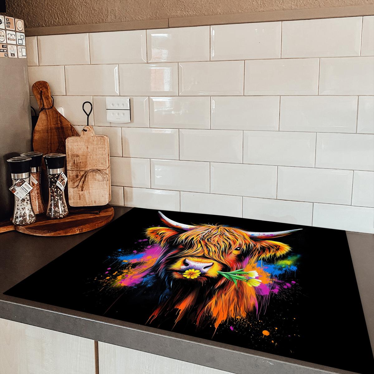 HERDABDECKPLATTE Schottischer Highlander - Graffiti - Bunt - Blume - Tiere Induktionsmatte 77x59 cm - Multicolor, Kunststoff (77/59/0.2cm) - MuchoWow