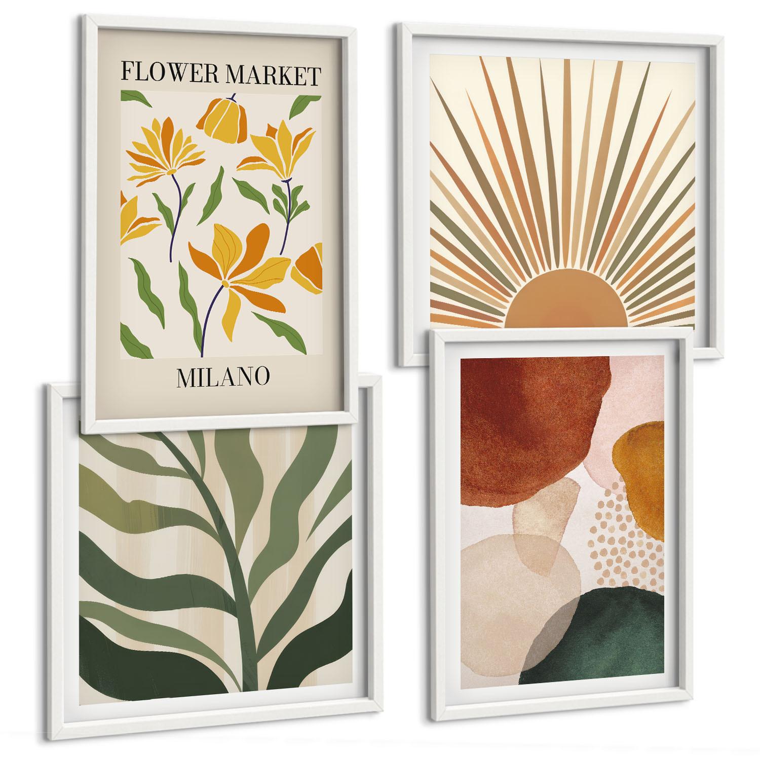 BILDER SET 4er Set - 50x50 cm & 40x60 cm Weißer Rahmen - Abstrakte Blumenmotive - Weiß, Kunststoff (50/50cm) - TULUP