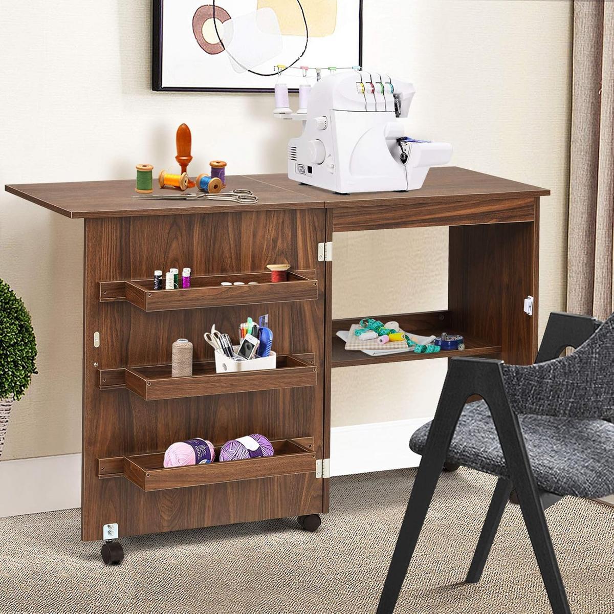 NÄHSCHRANK 2 in 1 Schreibtisch Braun - Braun, Holz (40/119/80cm) - COSTWAY