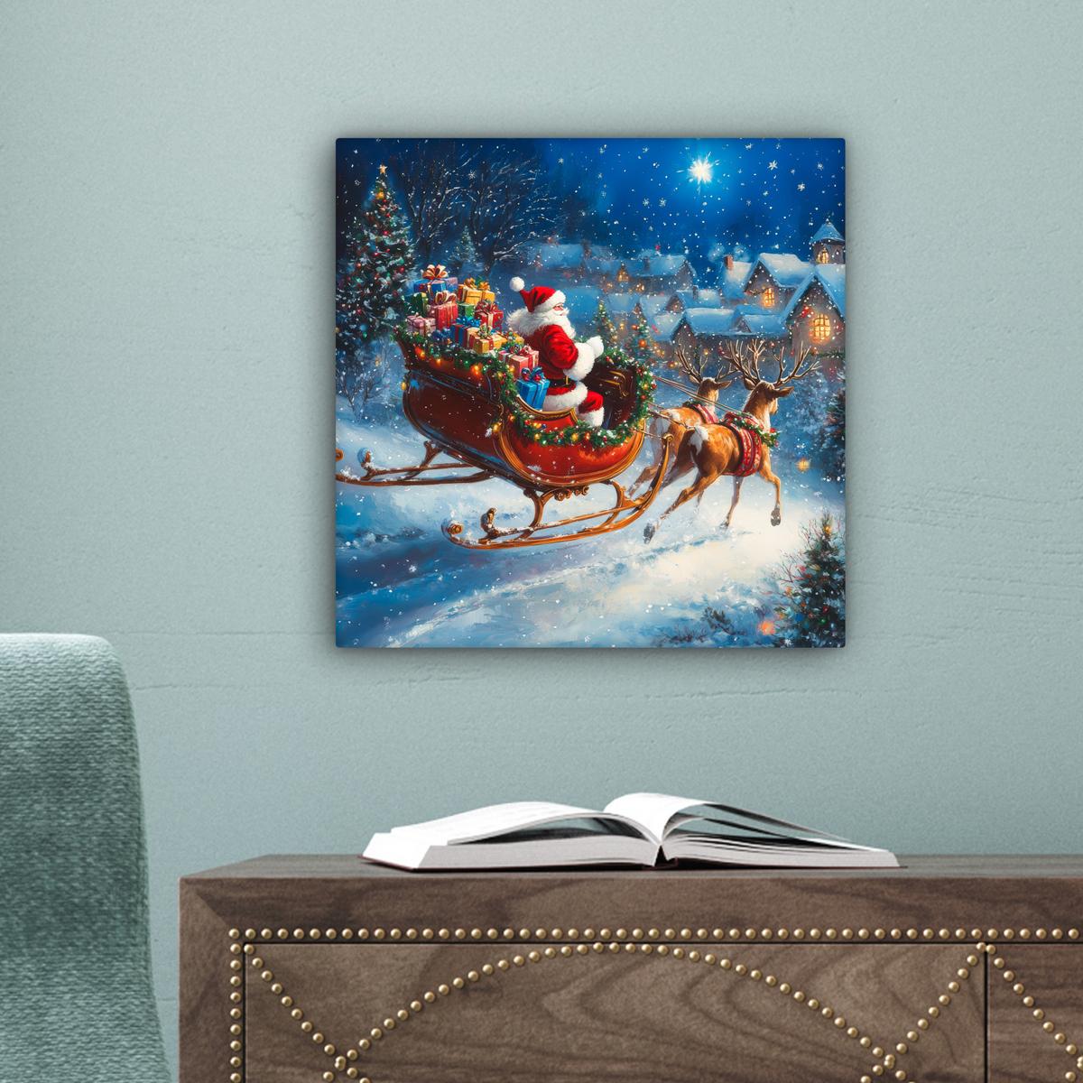 LEINWANDBILD Weihnachtsmann - Rentier - Weihnachten - Schnee Deko Wohnzimmer 20x20 cm - Cognac, Textil (20/20cm) - MuchoWow