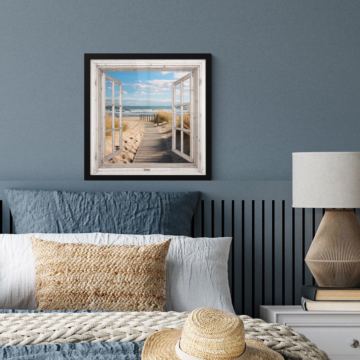 POSTER MIT RAHMENGERAHMTES BILD Fenster - Meer - Küste - Natur - Ausblick - Strand - Wattenmeer 40x40 cm - Beige, Papier (40/40cm) - MuchoWow
