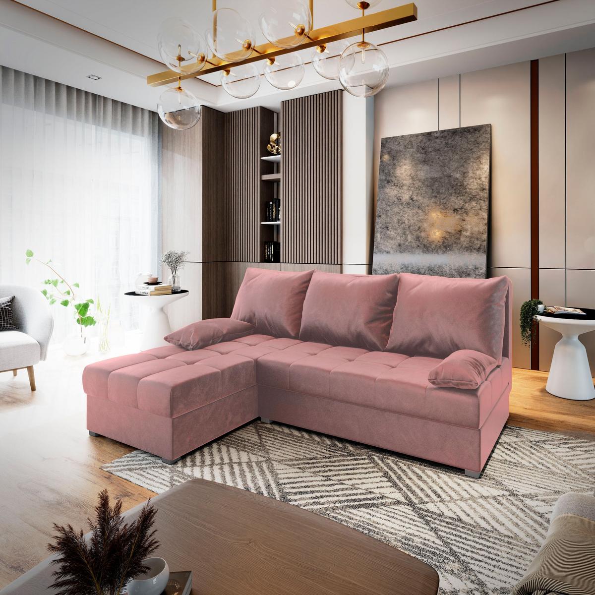 ECKSOFA RITA Rosa Plüsch-Stoff mit Schlaffunktion - Rosa/Grau, Holz/Kunststoff (200/141cm) - MASSENO