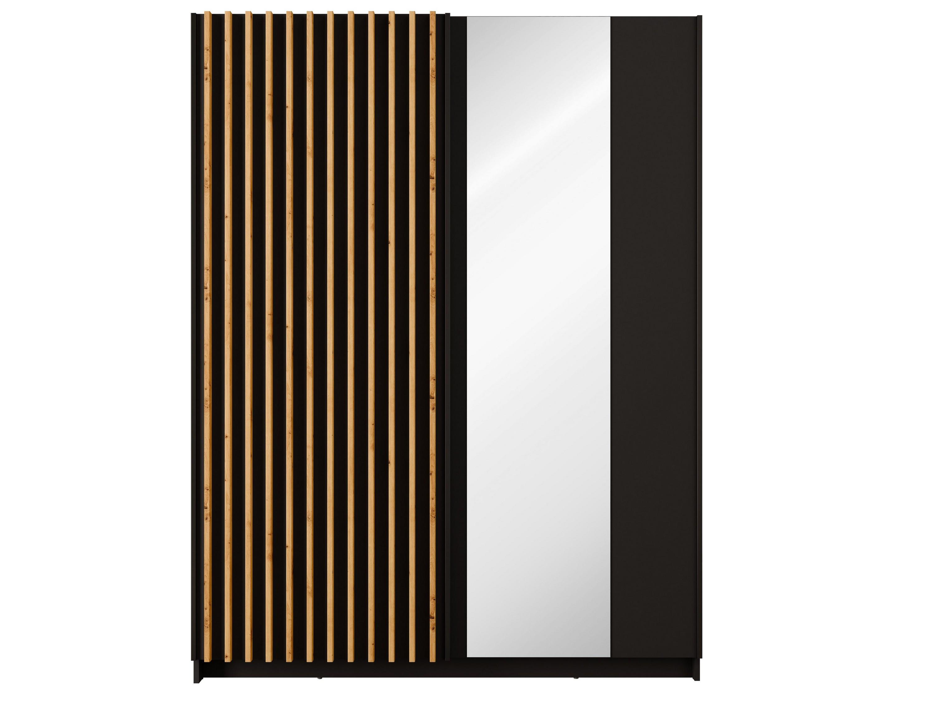 SCHWEBETÜRENSCHRANK MAREN 150,6/198,5/55cm 2-türig mit Spiegel Schwarz - Schwarz/Eiche Artisan, Holzwerkstoff (150.6/198.5/55cm) - MASSENO