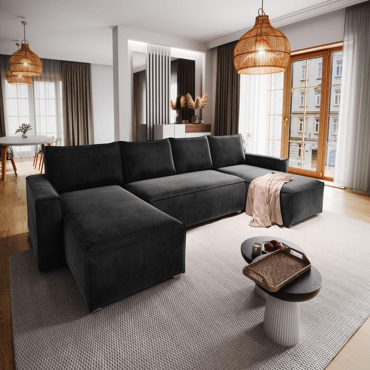 WOHNLANDSCHAFT DENI Schwarz Velours-Stoff mit Schlaffunktion - Schwarz/Grau, Holz/Kunststoff (295/85/140cm) - MASSENO