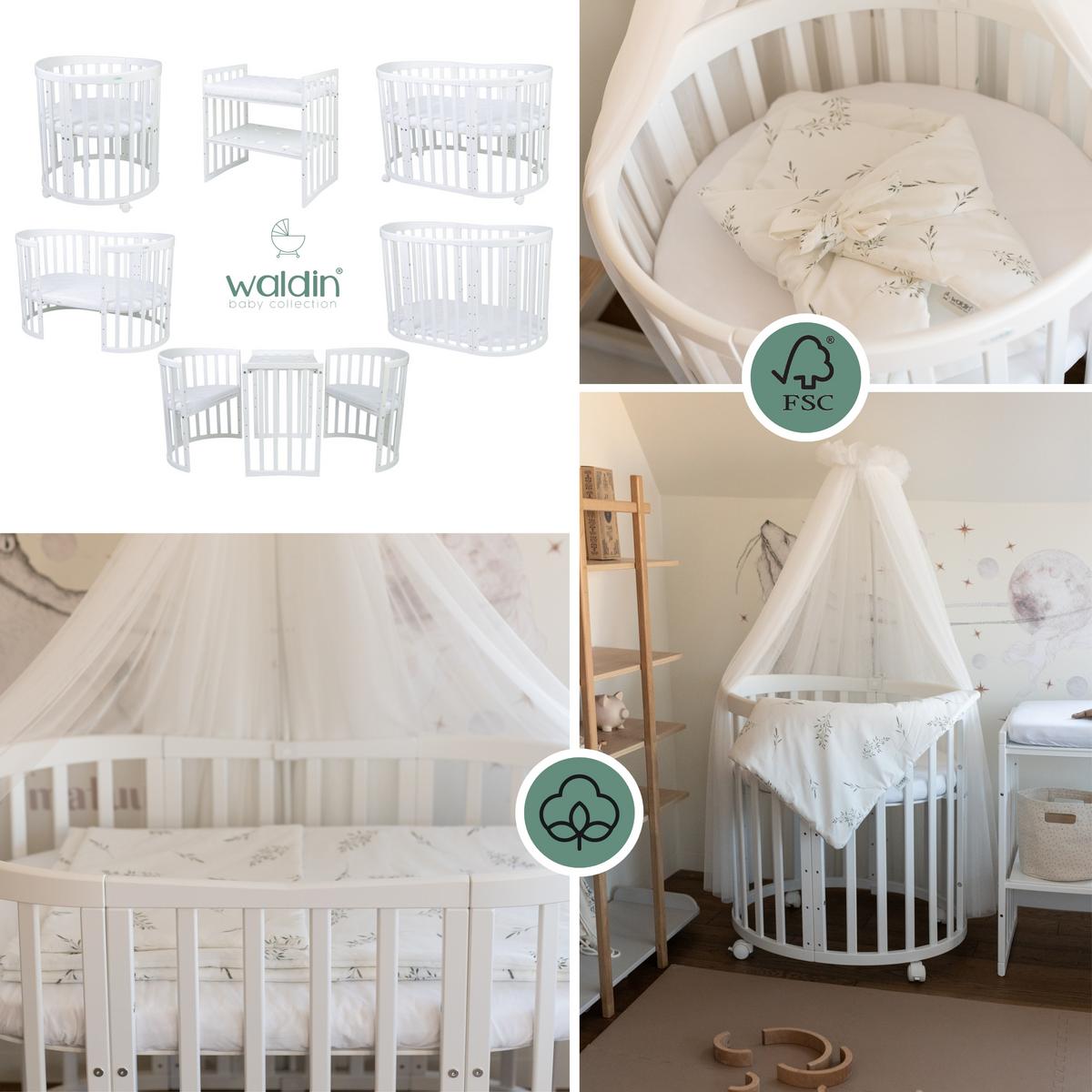 BABYBETT NATUR OVAL 7in1 mit Matratze und Himmelset - Naturfarben/Weiß, Holz/Textil (73/125cm) - waldin