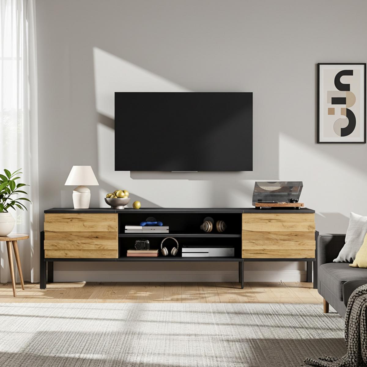 TV-LOWBOARD holzwerkstoff schwarz & holz-optik für tvs bis 70 zoll - Schwarz, Holzwerkstoff (175/53/39.5cm) - Urban Meuble