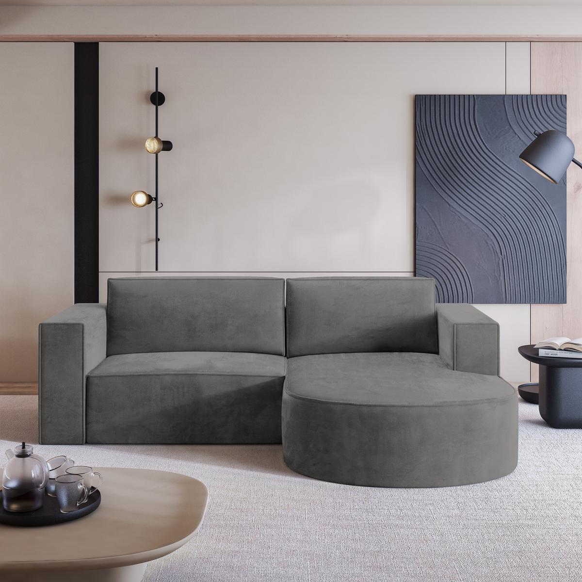 ECKSOFA SORELA M R-S Grau Velours-Stoff mit Schlaffunktion - Grau, Holz (263/174cm) - MASSENO