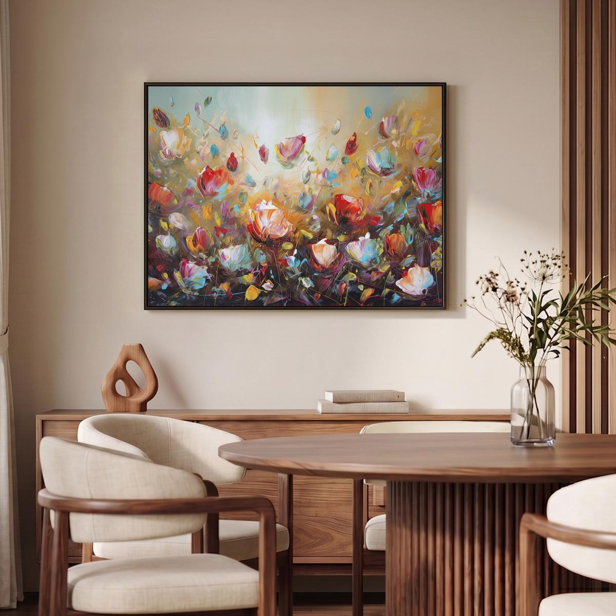 LEINWAND Bilder mit Rahmen - Blumen - Kunst - Natur - Ölgemälde - 100x70 - Multicolor, Textil (100/70cm) - MuchoWow
