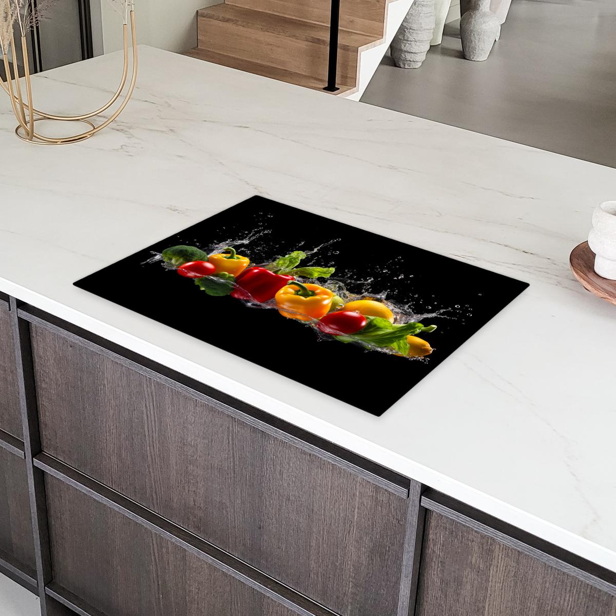 HERDABDECKPLATTE Paprika - Wasser - Gemüse - Schwarz Herdabdeckung Induktionsfeld 75x52 cm - Multicolor, Kunststoff (75/52/0.2cm) - MuchoWow