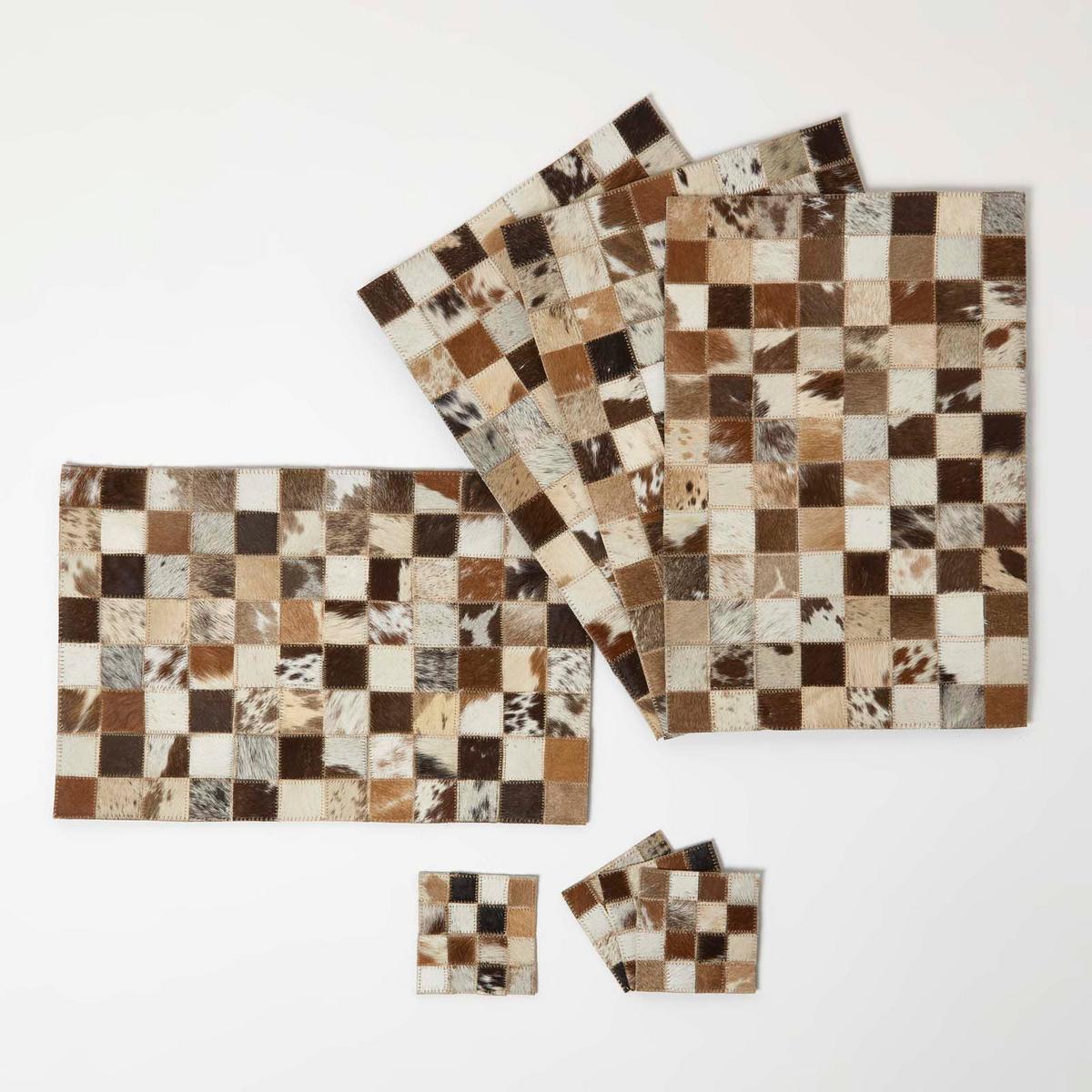 TISCHSET 4er-Set mit Patchwork-Karo, Fell & Leder, 30/46 cm - Multicolor, Leder (30/46cm) - Homescapes