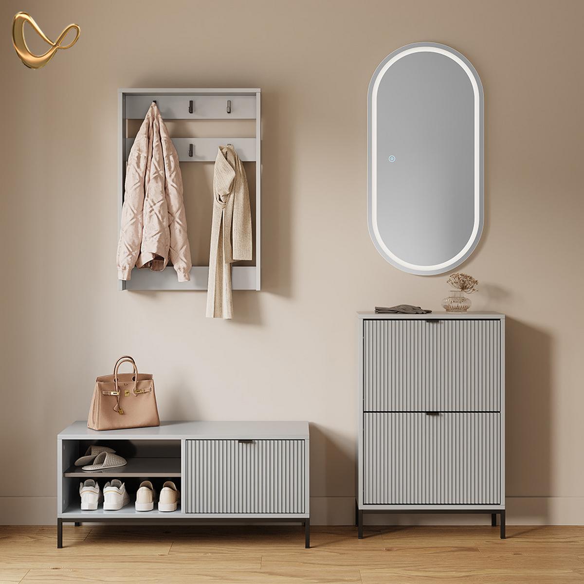 SCHUHKIPPER Aterno Grau 60 x 92 cm mit 2 Klappschubladen - Grau, Holzwerkstoff (60/92/24cm) - Livinity®