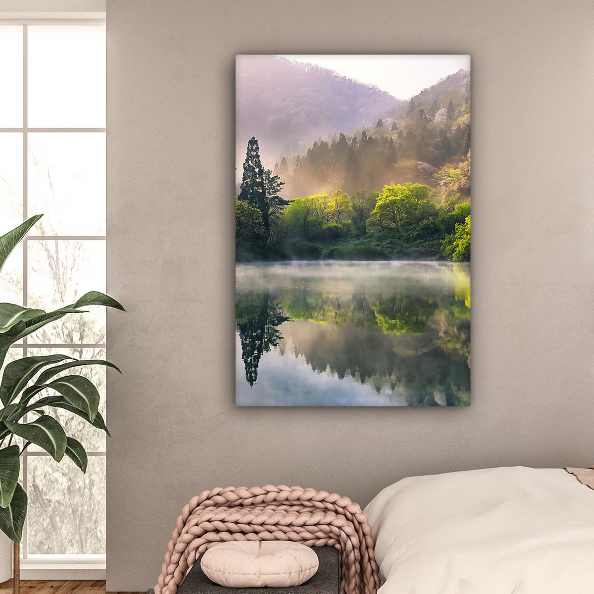 LEINWANDBILD Natur - Bäume - Berge - See - Wasser Deko XXL 80x120 cm - Hellgrün, Textil (80/120cm) - MuchoWow