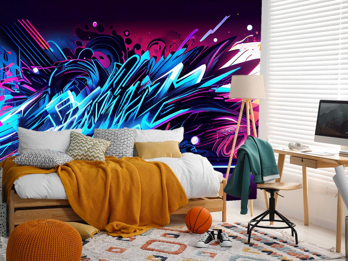 FOTOTAPETE für Jugendzimmer Neon Graffiti Schriften 300x210 - Blau/Gelb, Papier (300/210cm) - Muralo