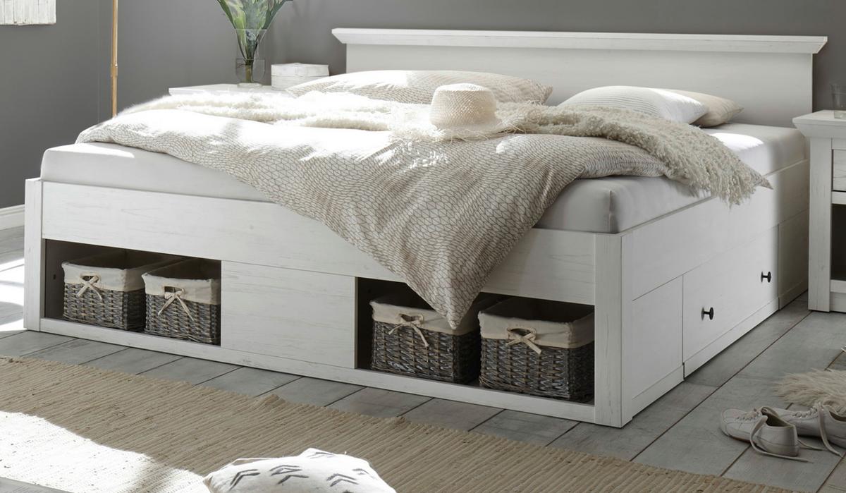 BETT Pinie weiß Liegefläche 180 x 200 cm, Stauraumbett mit Bettschubkasten - Schwarz/Weiß, Holzwerkstoff/Kunststoff (180/200cm) - Furn.Design