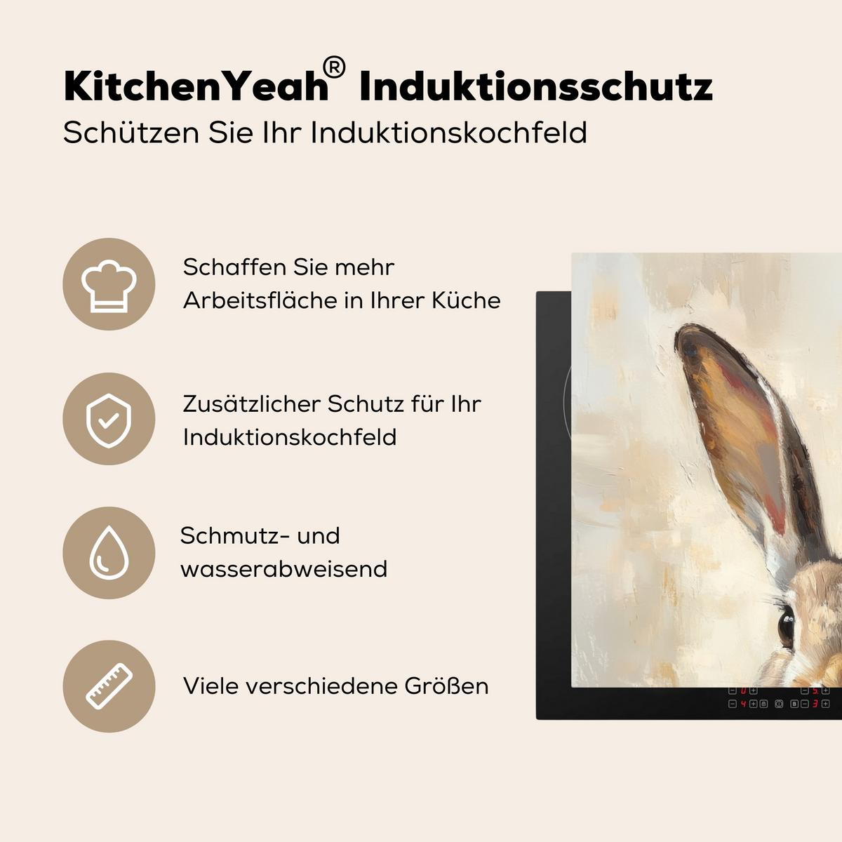 HERDABDECKPLATTE Hase - Ohren - Braun Herdabdeckung Induktionsfeld 65x52 cm - Beige, Kunststoff (65/52/0.2cm) - MuchoWow