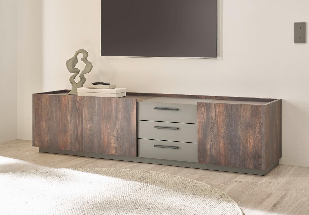 TV-LOWBOARD Thermo Eiche, grau, XL TV Unterteil mit Soft-Close 200 cm - Eichefarben/Schwarz, Holzwerkstoff/Kunststoff (200/50/45cm) - Furn.Design