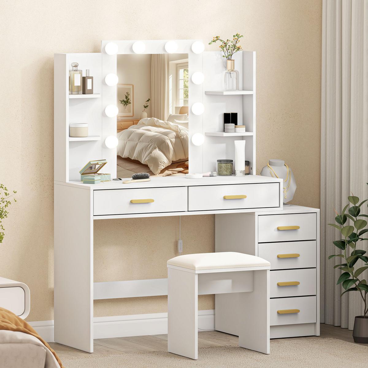 SCHMINKTISCH mit Hocker MDF Glas Weiß - Goldfarben/Weiß, Holzwerkstoff/Metall (40/140/120cm) - HOMCOM