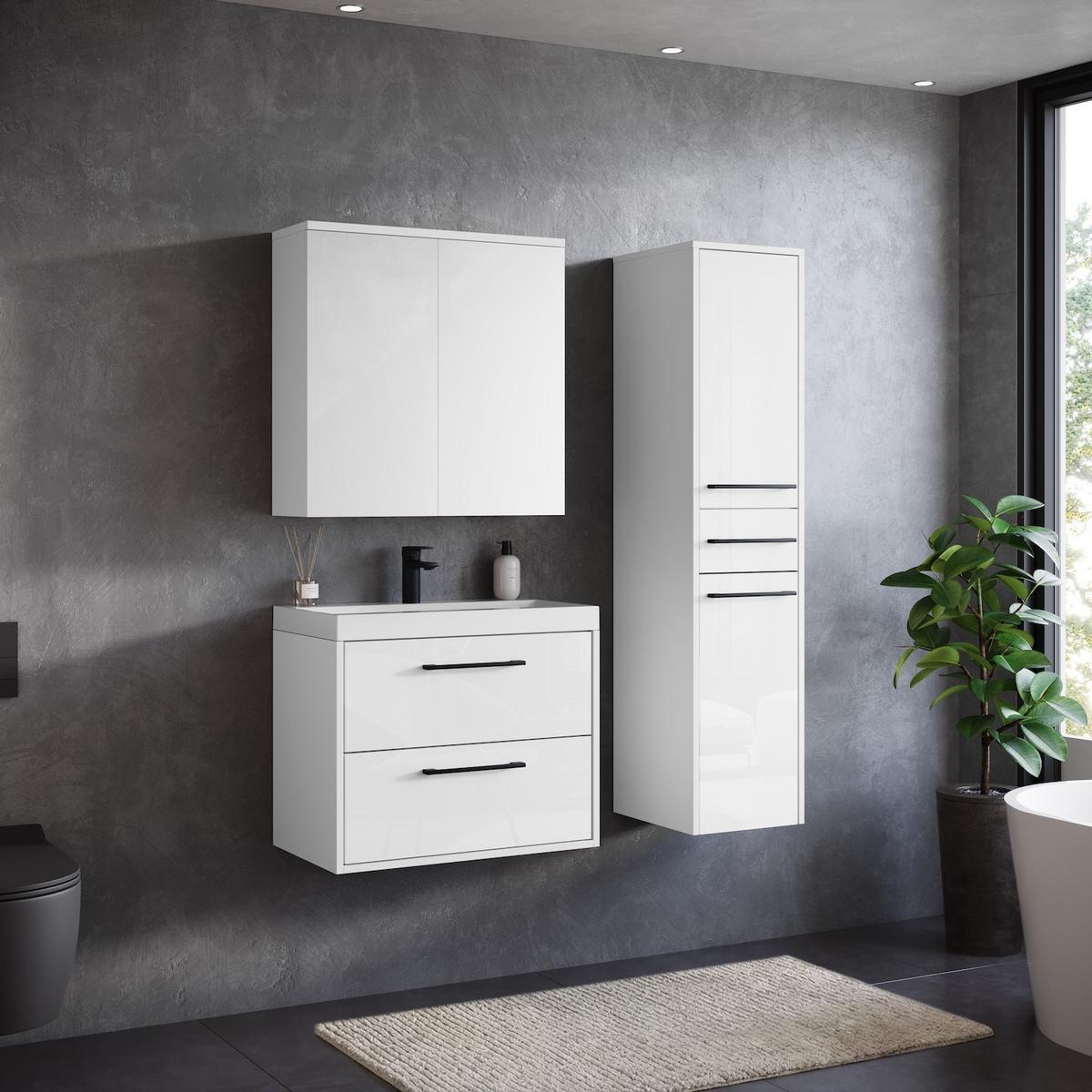BADEZIMMERSCHRANK Florence mit 2 Türen Weiß Hochglanz - 30 x 35 x 130 cm - Weiß, Holz (30/130/35cm) - Badplaats