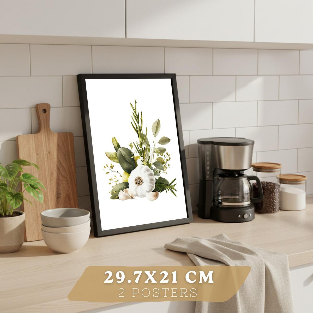 POSTER 2er Set Küchen-Wandbilder Knoblauch Kräuter und Oliven Mediterranes Aquarell Esszimmer Wanddeko Rahmenlos A4 - Schwarz, Papier (29.7/1/21cm) - Nacnic