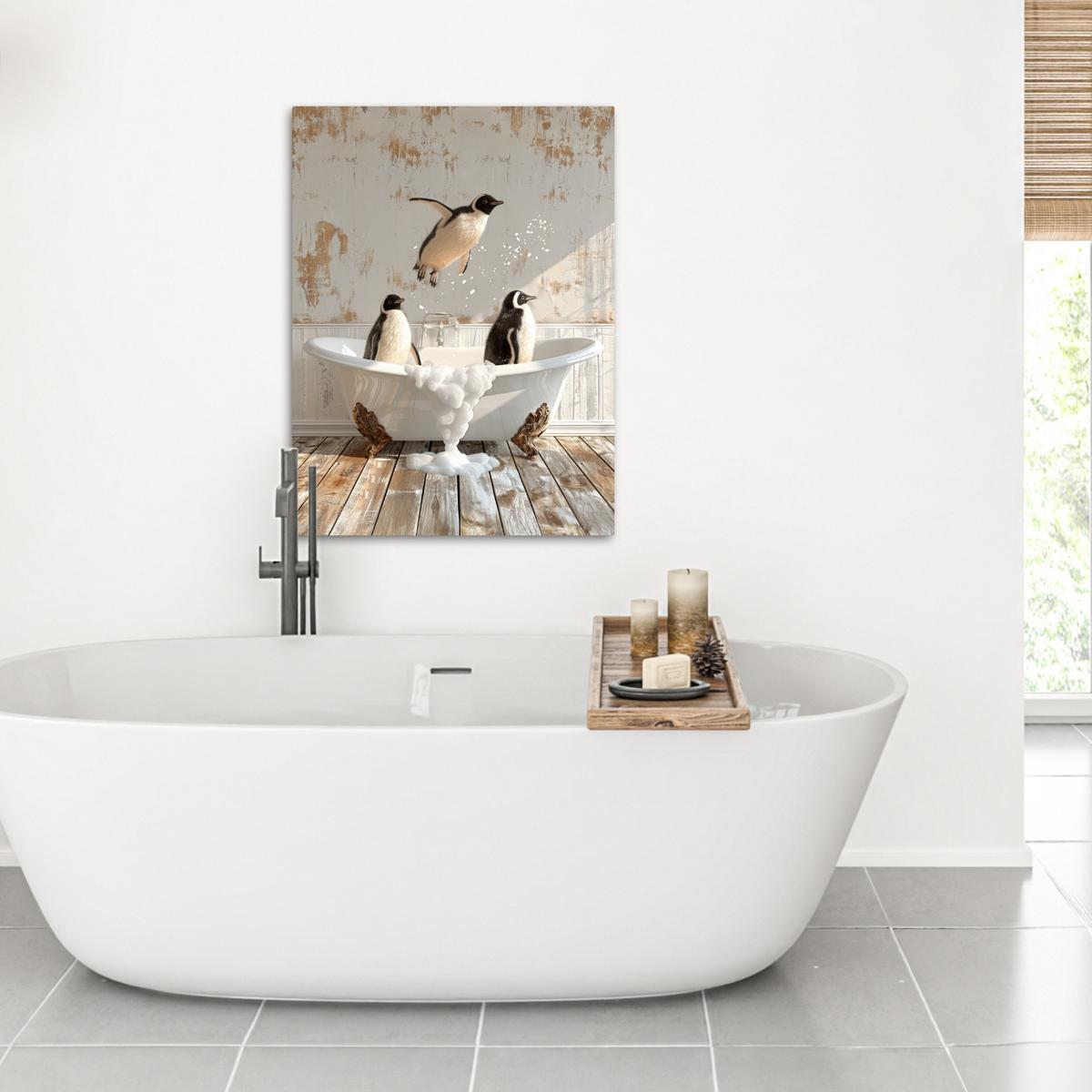 LEINWANDBILD Vintage - Pinguin - Badewanne - Schaumstoff Wandbild Wohnzimmer 50x70 cm - Schwarz, Textil (50/70cm) - MuchoWow