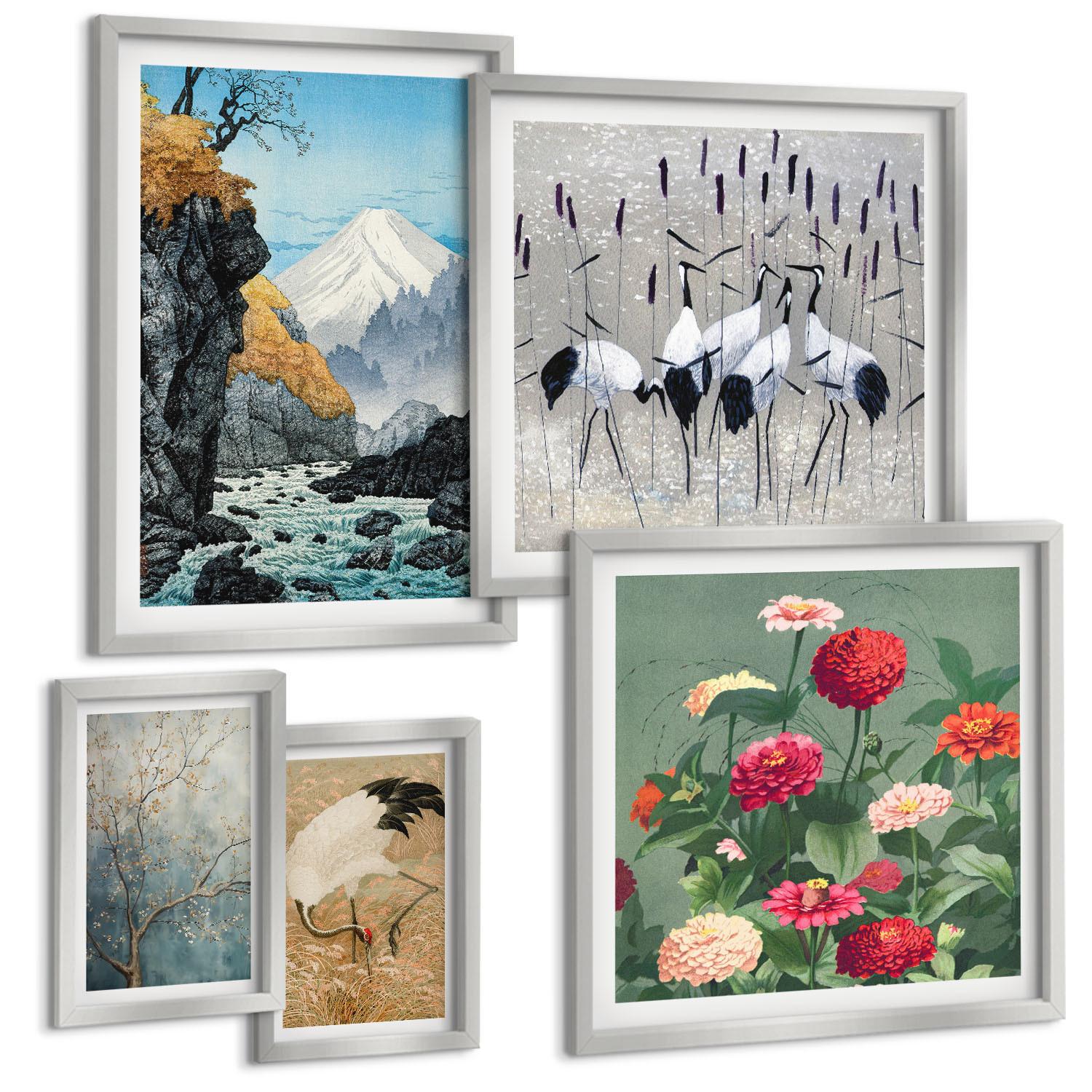 BILDER SET 5er Set - 50x50 cm & 20x30 cm & 40x60 cm Silberner Rahmen - Berge, Fluss, Blumen, Kraniche - Silberfarben, Kunststoff (40/60cm) - TULUP