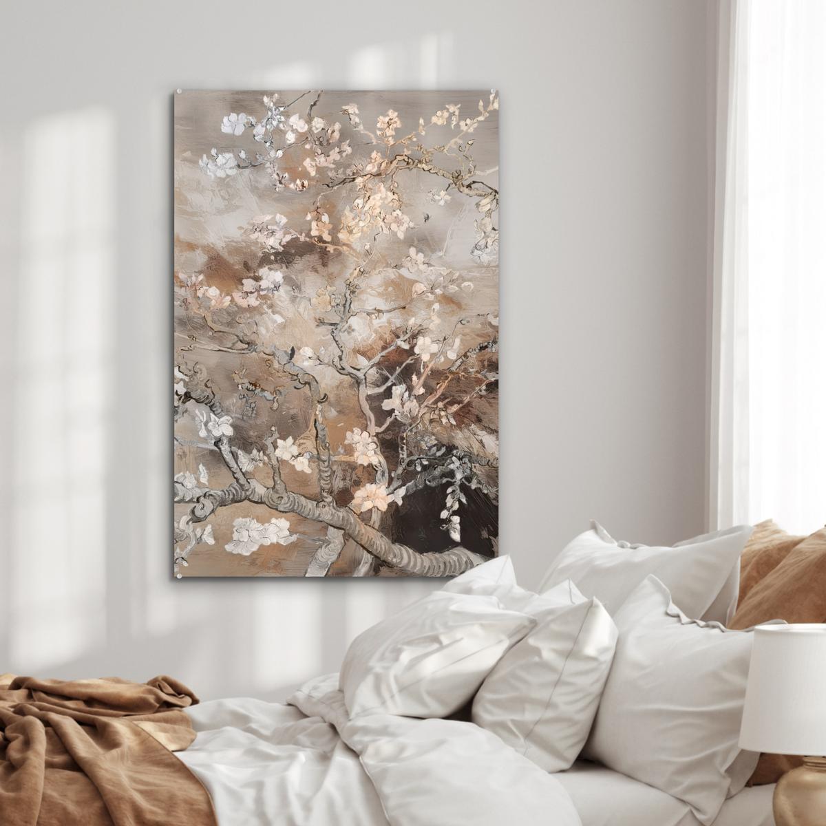 ACRYLGLASBILD Mandelblüte - Kunst - Van Gogh - Beige - Abstrakt 80x120 cm - Braun, Glas (80/120cm) - MuchoWow