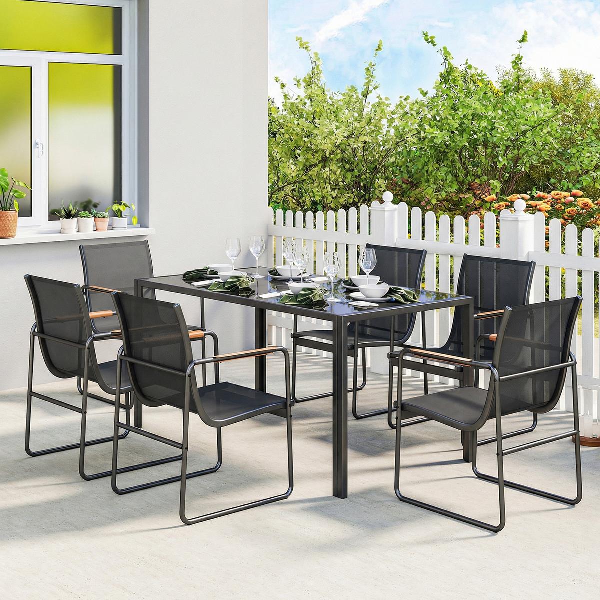 GARTENGARNITUR 7 TLG. Atmungsaktive Stühle Schwarz - Schwarz/Teakfarben, Metall - Outsunny