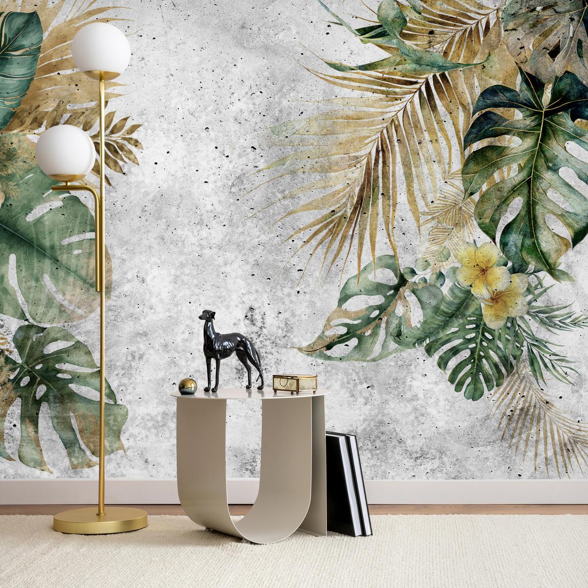 FOTOTAPETE für Wohnzimmer Tropische Blätter Blumen auf Grauer Beton 350x256 - Braun/Grau, Papier (350/256cm) - Muralo
