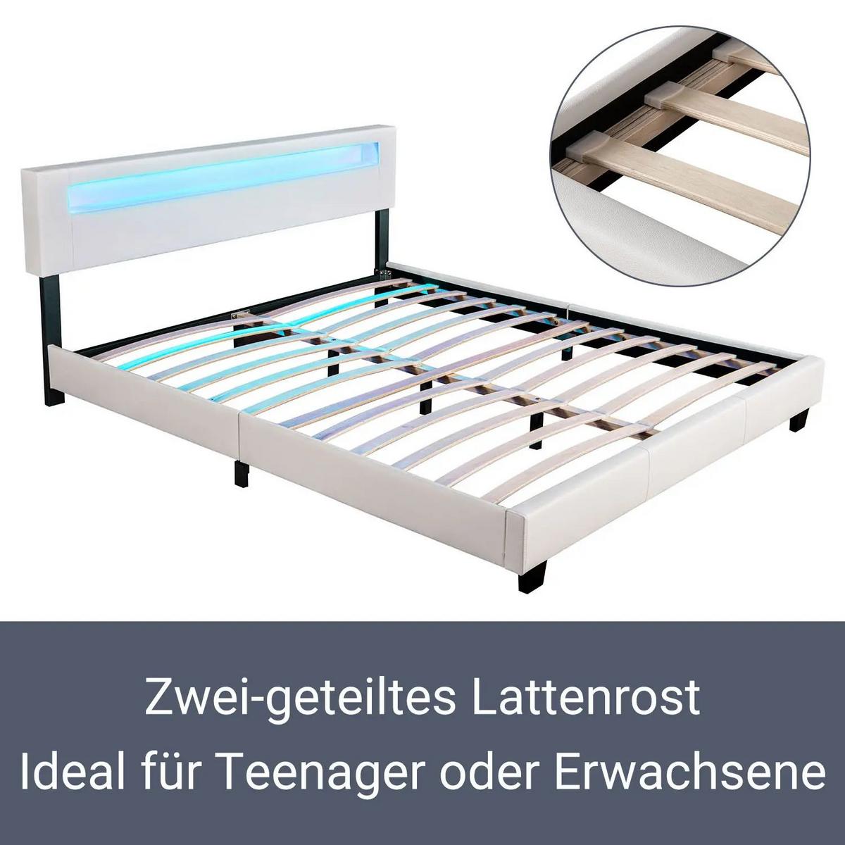 POLSTERBETT Paris weiß 180x200cm mit Matratze und LED (16 Farben) - Weiß, Textil (180/200cm) - Juskys