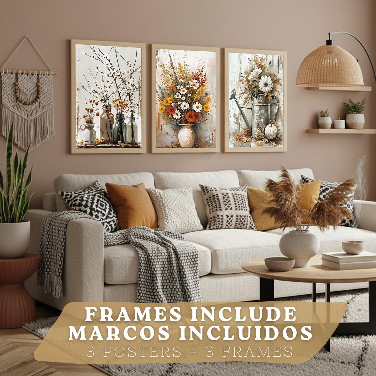 POSTER 3er Bilder-Set Wandbilder Blumen Vasen modern Wohnzimmer Deko, Schlafzimmer, Küche, Badezimmer Leichter Holzrahmen A4 - Beige, Papier (29.7/1/21cm) - Nacnic