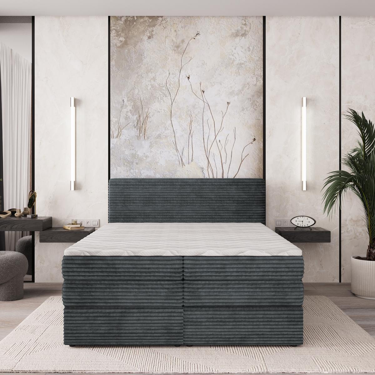 BOXSPRINGBETT LUNERA 180x200 cm mit Matratze und Topper - Grau - Grau, Holz (180/200cm) - MASSENO