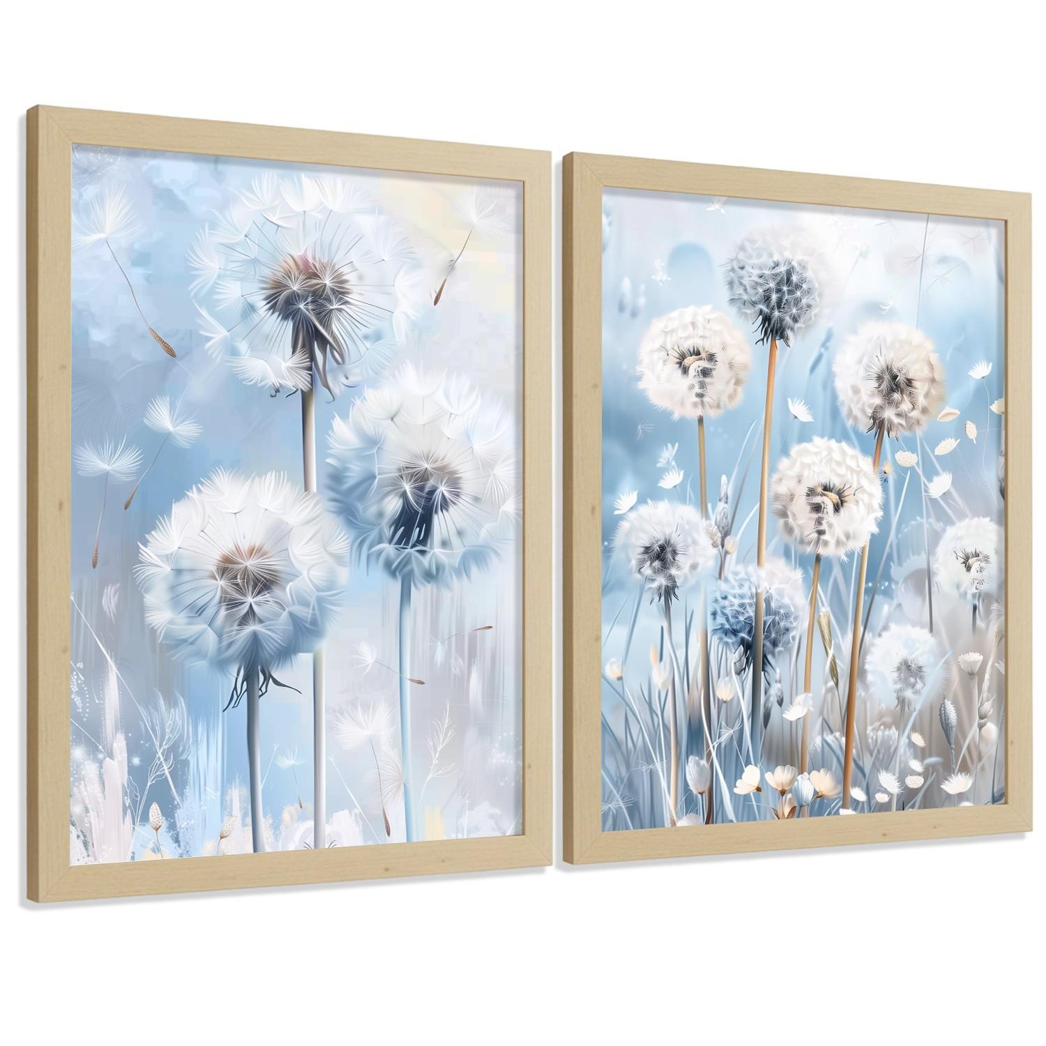 POSTER 2er Kunstdruck-Set Wandbilder Blumen Blau modern Wohnzimmer Deko, Schlafzimmer, Küche, Badezimmer Leichter Holzrahmen A4 - Beige, Papier (29.7/1/21cm) - Nacnic