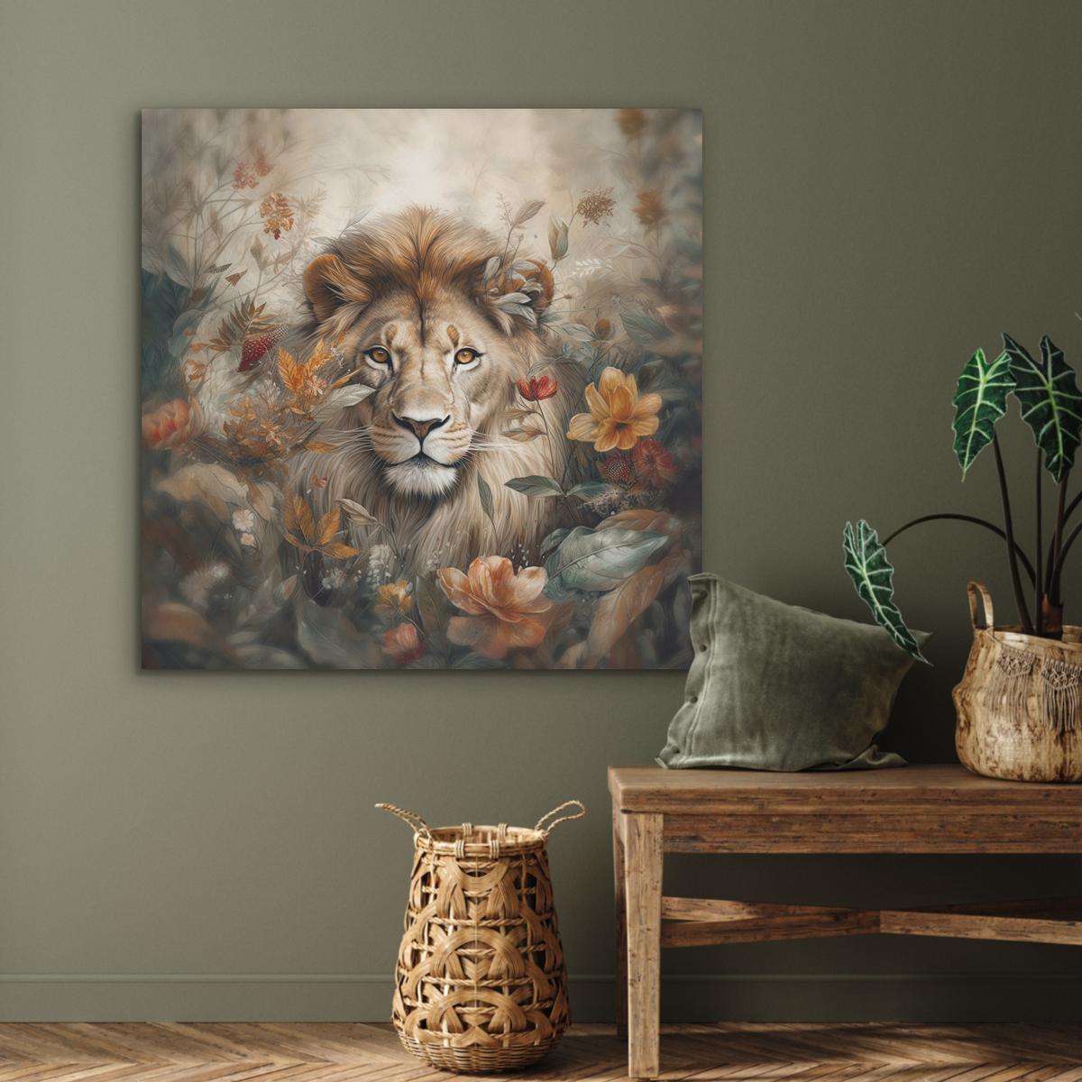AKUSTIKBILD Löwe - Wildtiere - Pflanzen - Natur - Blumen Akustikpaneele 90x90 cm - Beige, Kunststoff (90/90/0.9cm) - MuchoWow