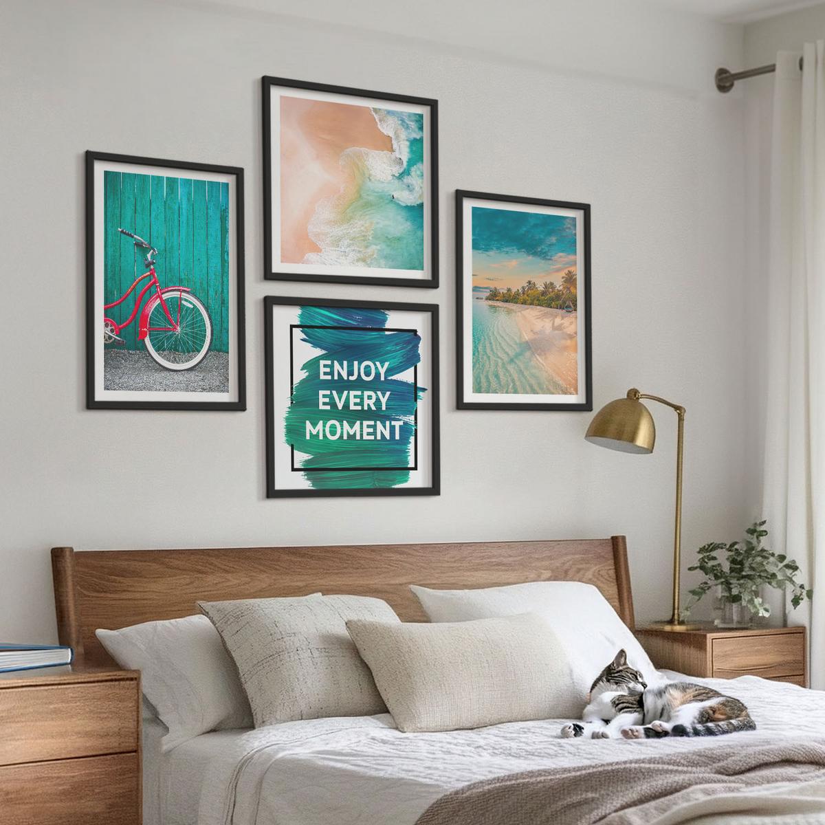 BILDER SET 4er Set - 50x50 cm & 40x60 cm Schwarzer Rahmen - Inspiration für ein Fahrrad mit Seeboot - Schwarz, Kunststoff (50/50cm) - TULUP