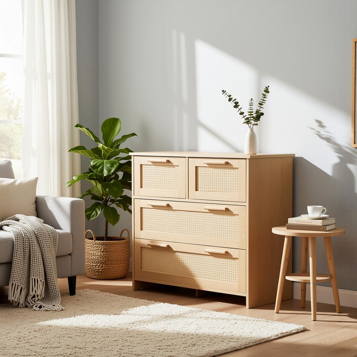SIDEBOARD Rattan kommode mit 4 Schubladen & Massivholz Griffen - Eichefarben, Naturmaterialen/Holzwerkstoff (80/80/38cm) - Urban Meuble