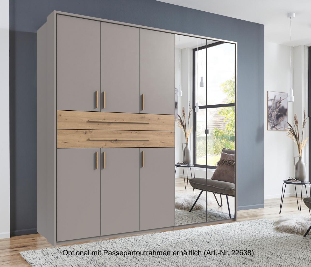 DREHTÜRENSCHRANK B225/H208/T58 cm Sandgrau, Kleiderschrank mit 2 Spiegeltüren, 2 großen Schubkästen & Griffen in Eiche Artisan Dekor / 22635 - Sandfarben/Eiche Artisan, Holzwerkstoff/Kunststoff (225/208/58cm) - luma-home