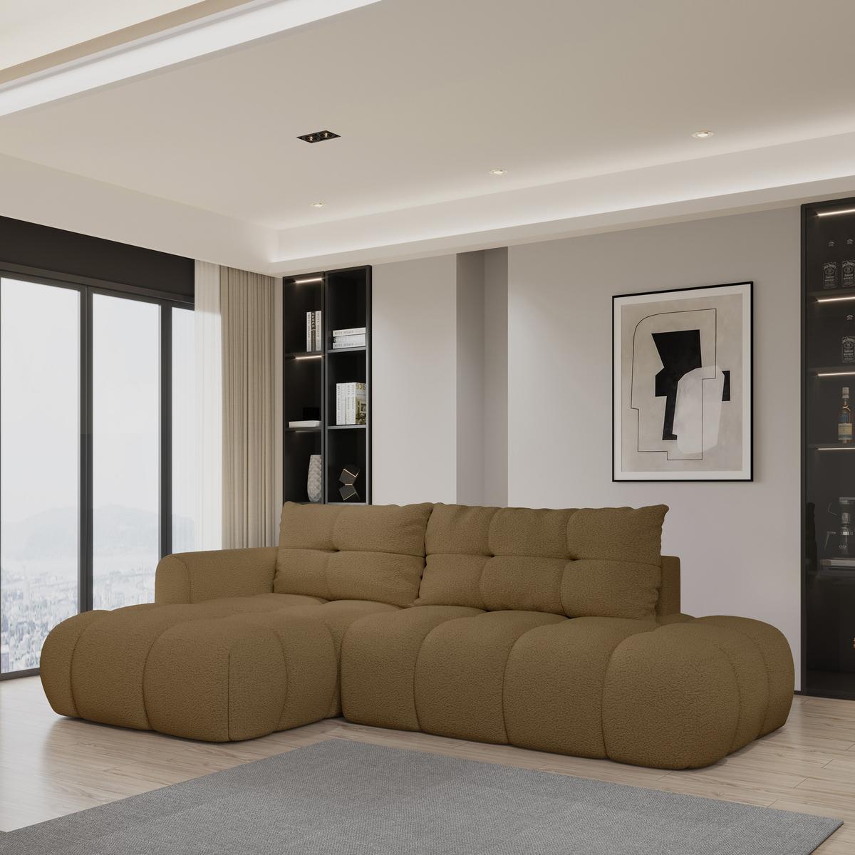 ECKSOFA FLUMA L-S Orange Boucle-Stoff mit Schlaffunktion - Orange, Holz (279/158cm) - MASSENO