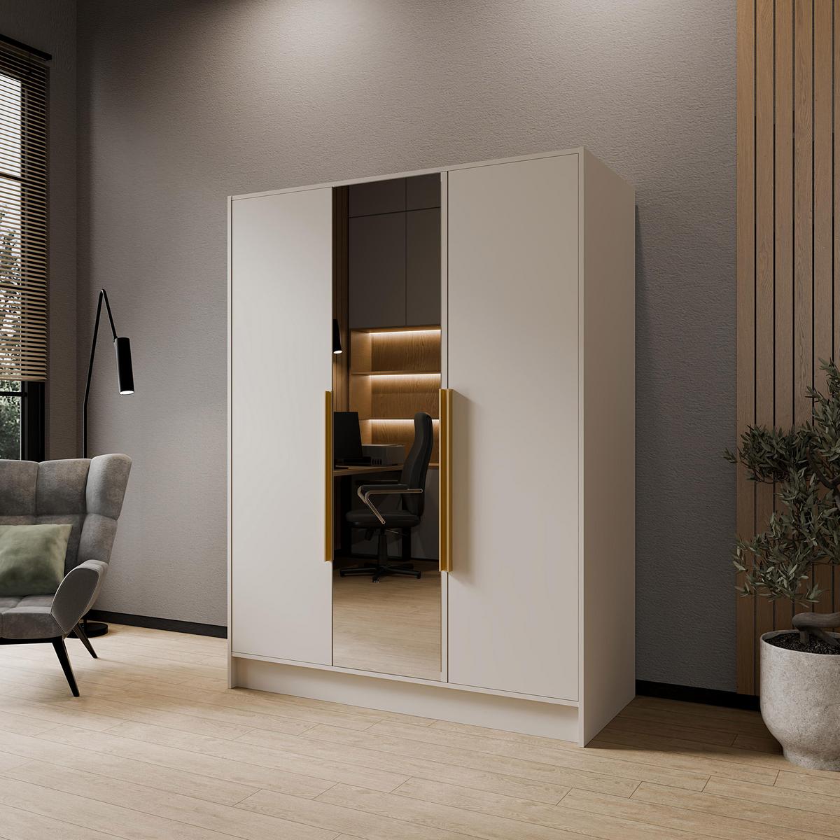 DREHTÜRENSCHRANK Laro mit Spiegel, Kaschmir mit goldenen Griffen, 150 cm - Kaschmir, Holzwerkstoff (150/200/51cm) - Beautysofa