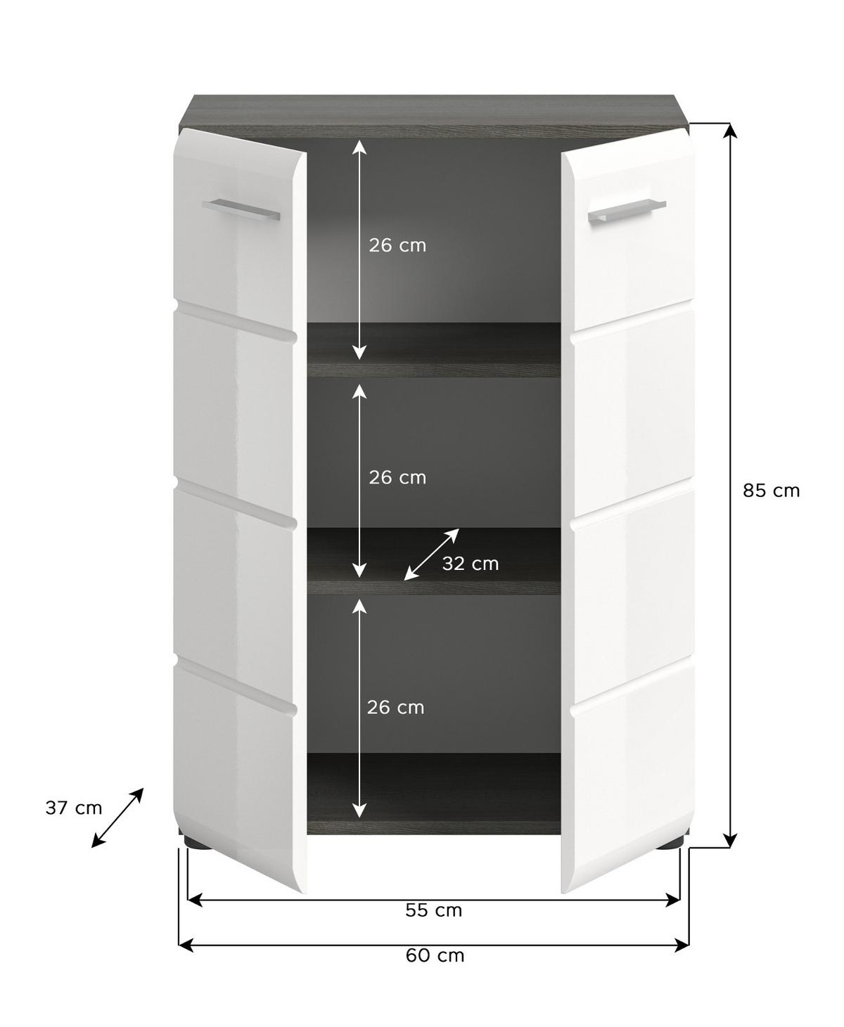 KOMMODE weiß Hochglanz, grau 60 cm, Sideboard mit Rillenoptik - Weiß Hochglanz/Silberfarben, Holzwerkstoff/Kunststoff (60/85/37cm) - Inn.Furn