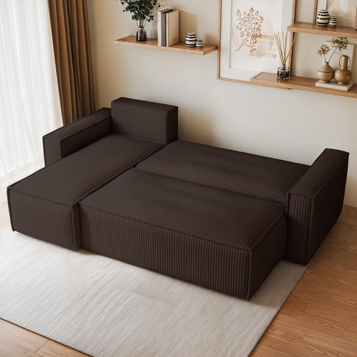 ECKSOFA RAVELO P Braun Kordstoff mit Schlaffunktion - Braun/Grau, Holz/Kunststoff (240/140cm) - MASSENO