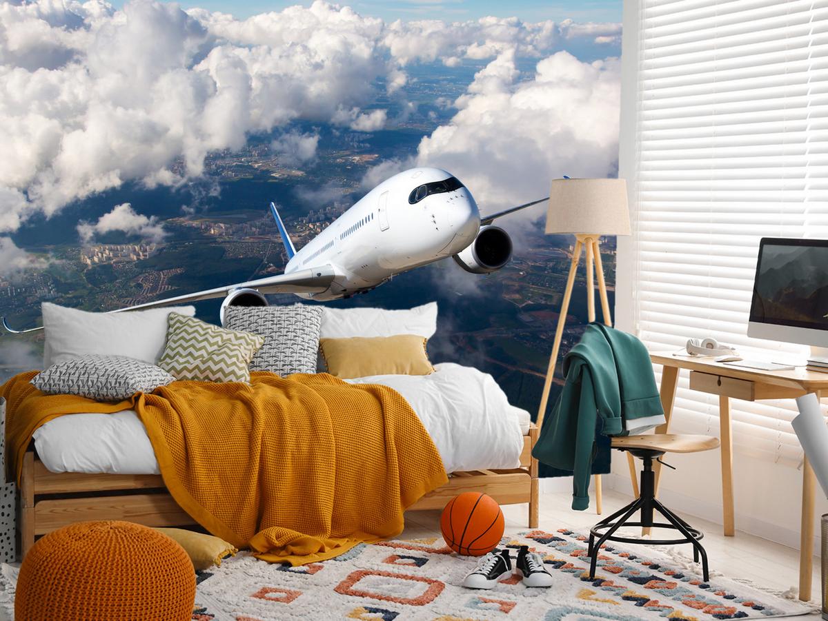 FOTOTAPETE für Jugendzimmer Flugzeug Start Wolken Himmel 300x210 - Blau/Beige, Papier (300/210cm) - Muralo