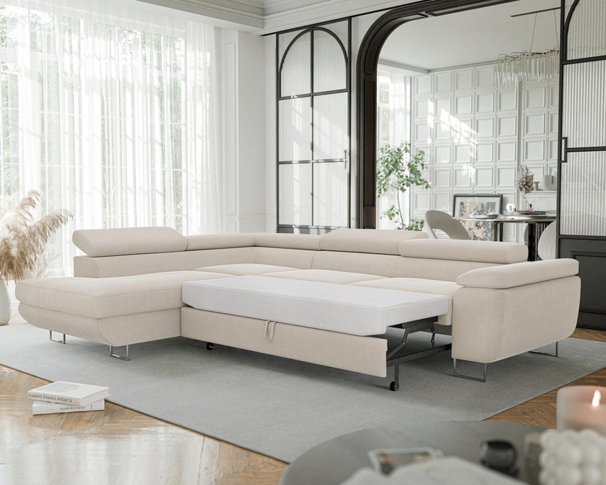 ECKSOFA ANTON links, mit Schlaffunktion und Bettkasten Creme - Chromfarben/Creme, Textil/Metall (274/203cm) - Idohome