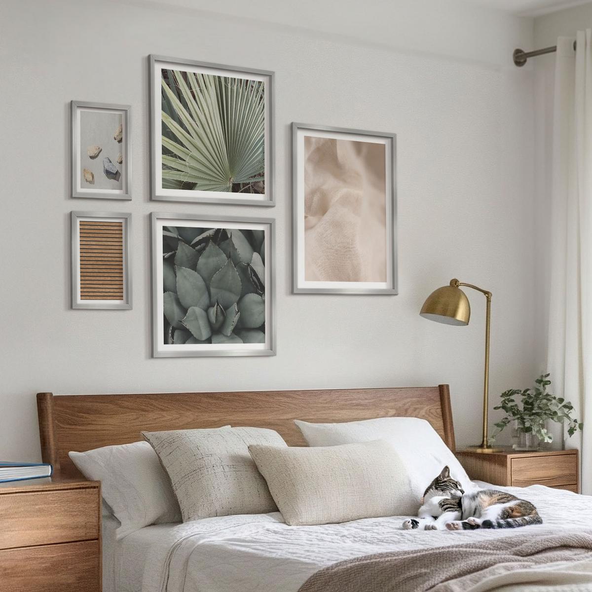 BILDER SET 5er Set - 50x50 cm & 20x30 cm & 40x60 cm Silberner Rahmen - Steine, Holz, Stofftexturen - Silberfarben, Kunststoff (40/60cm) - TULUP