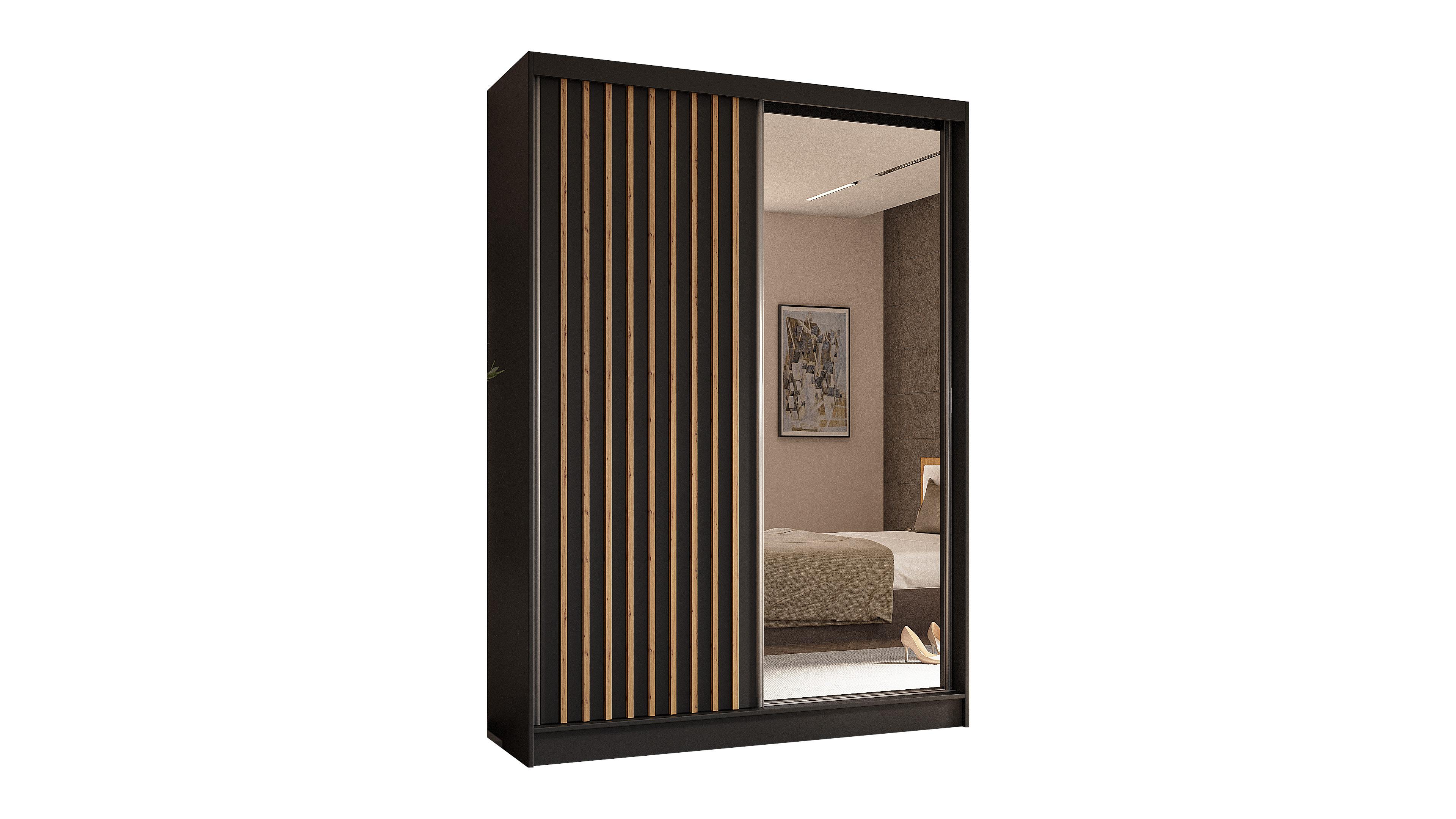 KLEIDERSCHRANK mit Spiegel-Schiebetüren und Aluminium-Leisten - LAMELO - 150 cm Schwarz+Schwarz+ Artisan - Schwarz/Eiche Artisan, Holzwerkstoff (150/216/61cm) - ALTDECOR