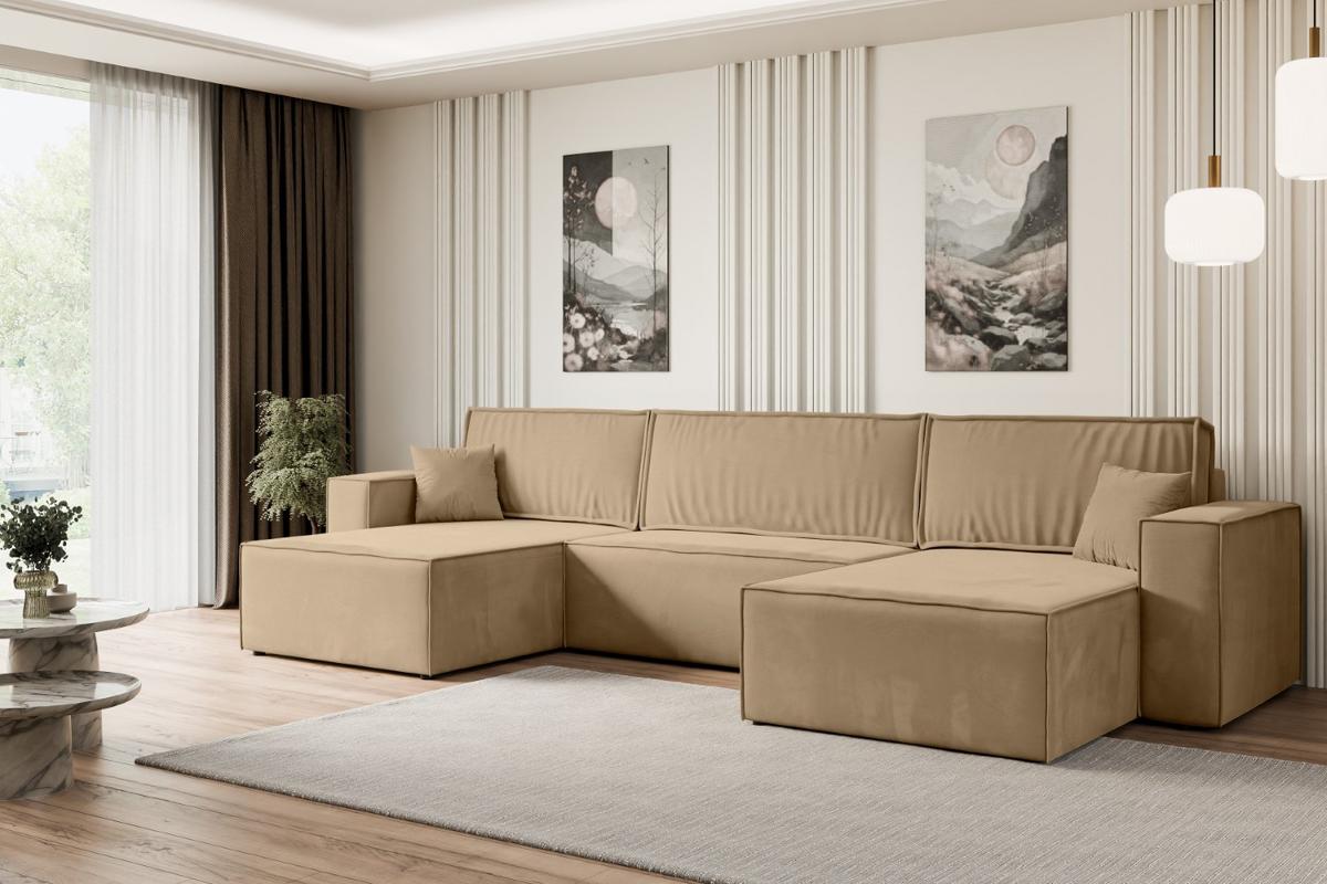 WOHNLANDSCHAFT mit Schlaffunktion und Bettkasten CELTIC-XLU - 377x143x83 cm Beige Velours - Beige/Schwarz, Holzwerkstoff/Kunststoff (377/83/143cm) - ALTDECOR